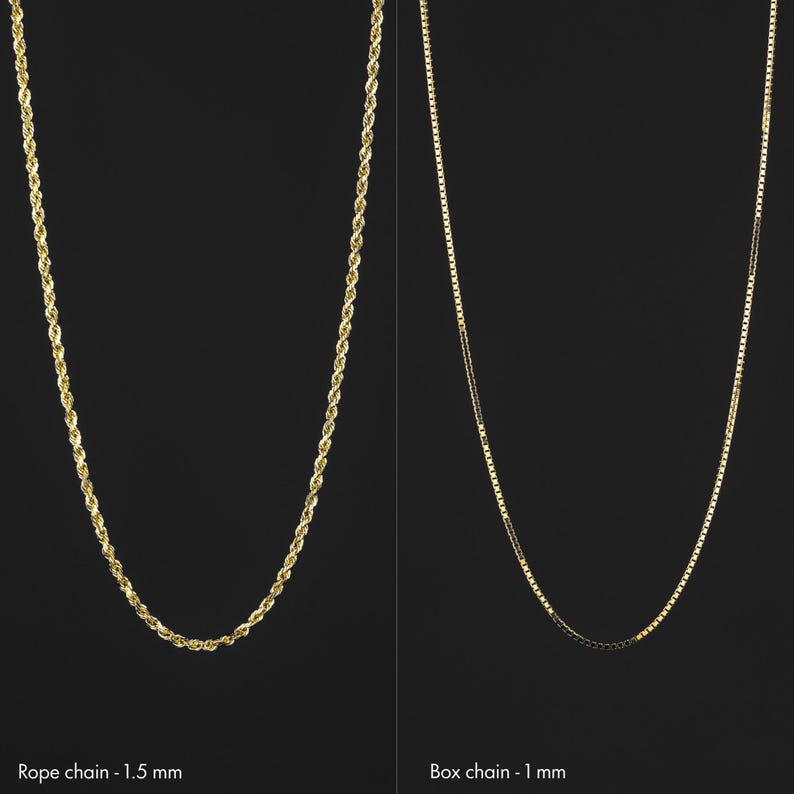 May include: Two gold chains on a black background. The chain on the left is a rope chain, 1.5 mm thick. The chain on the right is a box chain, 1 mm thick.