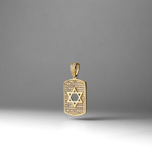 14K Gold CZ Star of David Dog Tag Pendant Necklace - Gold Jewish Symbol Necklace - Star of David Cubic Zirconia Religious Pendant