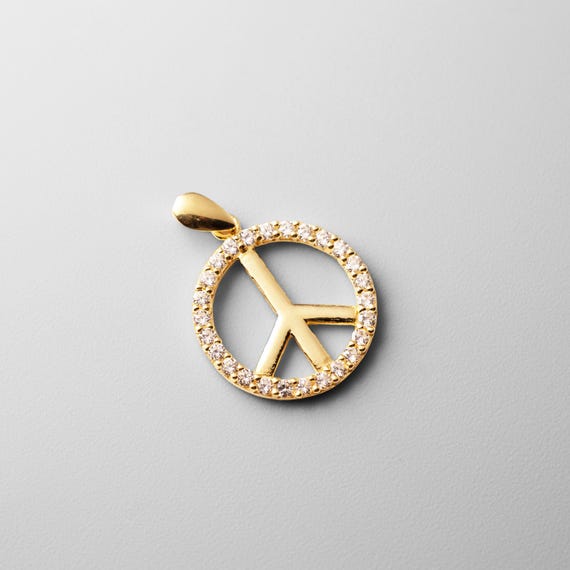 14k Yellow Gold Peace Sign CZ Pendant/charm- 100% Real Gold Peace - Main Image