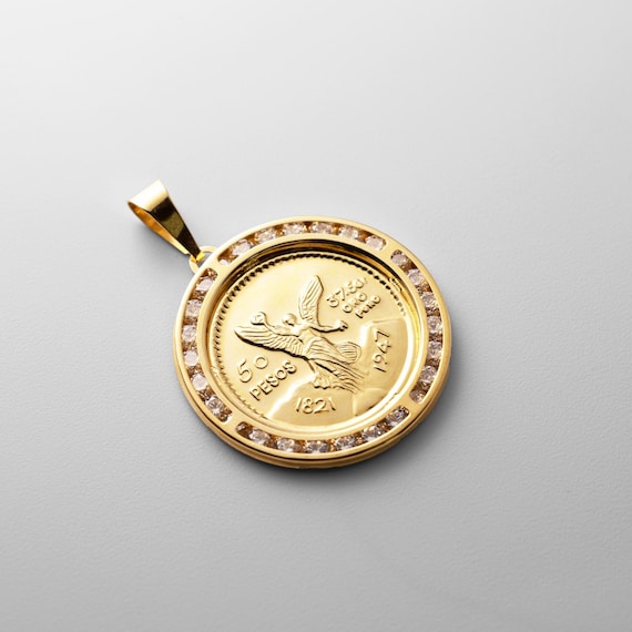 14k Gold Mexican 50 Pesos Coin Pendant with CZ Stones