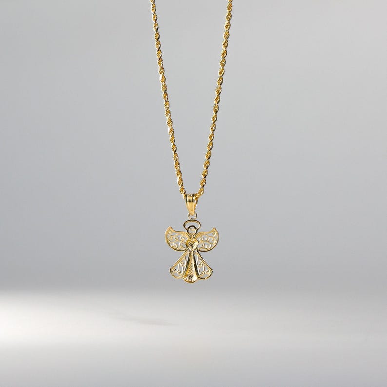 May include: A gold chain necklace with a small angel pendant. The angel is detailed with a halo and wings.