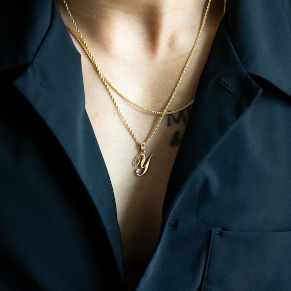 14Kゴールド ダイヤモンド イニシャルYペンダントネックレス - 筆記体 