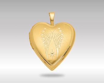 Medallón de corazón con alas de ángel en oro de 14 quilates: collar conmemorativo grabado