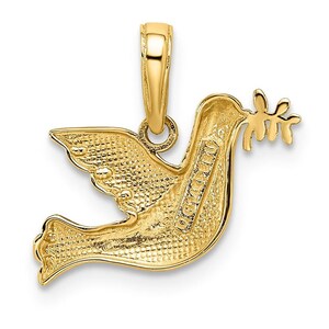 May include: A gold-tone peace dove pendant with an olive branch in its beak. The pendant is detailed with a textured finish and has a bail for attaching to a chain.