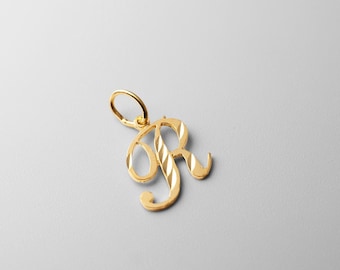 14k Gold "R" Initial Cursive Pendant Charm- Gold Initial "R" Necklace Charm