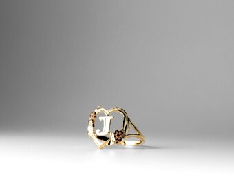 14K Solid Gold Heart Rose &quot;J&quot; Initial Ring- Real 14k Gold Heart and Rose Initial &quot;J&quot; Ring