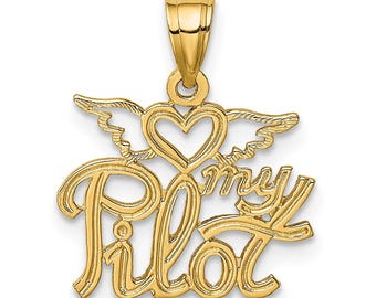 Collar con colgante "Mi Piloto" en oro de 14 quilates. Dije de "Mi Piloto" con alas y corazón. Colgante de aviación en oro auténtico. Regalo para amantes de los aviones.