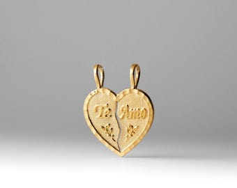 14k Gold 2 piece Te Amo Breakable Heart Pendant Charm- Real Gold Te Amo Heart Breakable For Him And Her