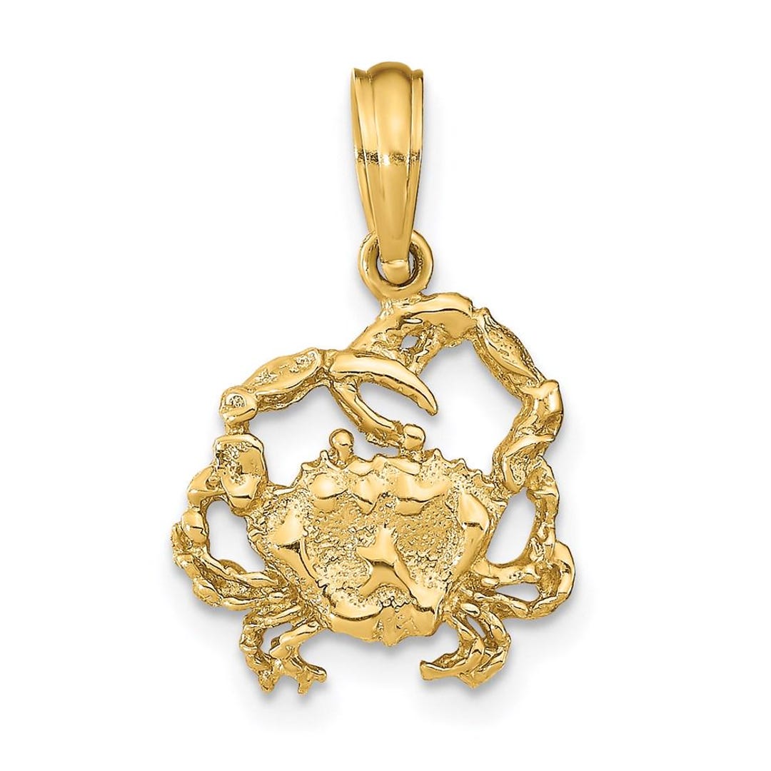 Gumbo Chain 14K Gold Textured Crab Pendant - Realistic Ocean Sea Life Charm - Solid ...