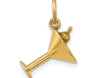 14K Gold Martini Glass Pendant - Fancy Cocktail Charm with Olive Detail - Solid Gold Bar Drink Necklace Pendant