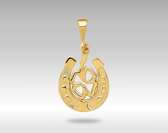 14K Gold Good Luck Clover Pendant: Horseshoe Necklace, Fine Jewelry Gift