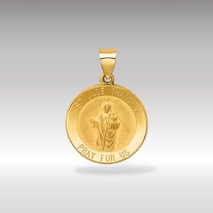 14K Gold Saint Jude Thaddeus Medal Pendant Necklace - Polished & Satin Finish - Hollow Religious Charm - 'Pray for Us' Inscription