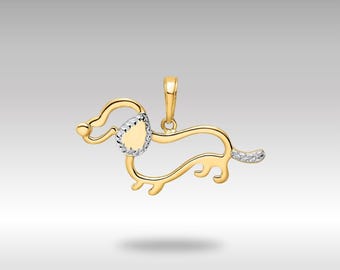 14K Massivgold & weiße Rhodium Dackel Anhänger - Diamantgeschliffene Hundehalskette, Luxusschmuck Geschenk