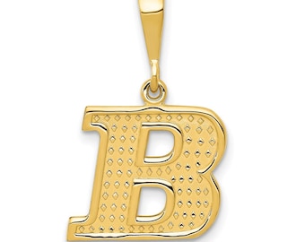 May include: A gold-colored pendant in the shape of the letter "B". The pendant has a textured surface with a diamond pattern. The bail is a simple, rectangular shape.