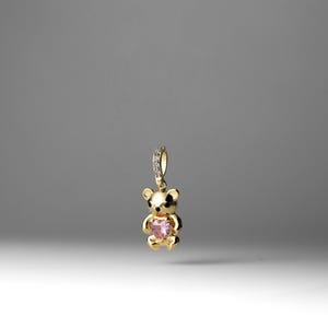 14K Gold Teddy Bear Pendant: CZ Heart Charm