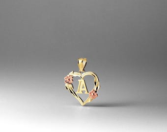 14k Gold "A" Initial Heart and Rose Pendant Charm- Gold Heart Initial A Flower Necklace