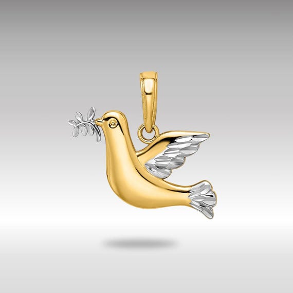 14K Gold Peace Dove Pendant: White Rhodium Diamond-Cut Necklace