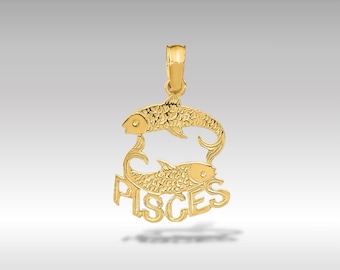 Collar con dije del zodíaco PISCIS en oro de 14 quilates - Colgante con símbolo astrológico de dos peces - Joyería con horóscopo texturizada - Regalo para Piscis