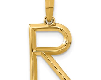 Ciondolo con lettera R in oro 14 carati – Ciondolo con iniziale R in oro con scritta Fancy per gioielli personalizzati, regalo monogramma, vero ciondolo con alfabeto in oro 14 carati