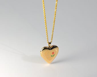 14k Gold Heart Locket Pendant Charm with Rose
