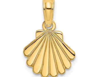 14K Gold Shell Pendant - Polished and Engraved Seashell Charm - Beach Ocean Inspired Solid Gold Pendant for Women