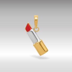 14K Gold and Rhodium Enameled Lipstick Pendant Charm - Real Gold Glamorous Necklace Charm - Real Gold Lipstick Pendant