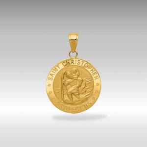 14K Gold Medium Saint Christopher Solid Medal Charm Necklace - Travel Protection Pendant - &#39;PROTECT US&#39; Engraved Patron Saint Amulet
