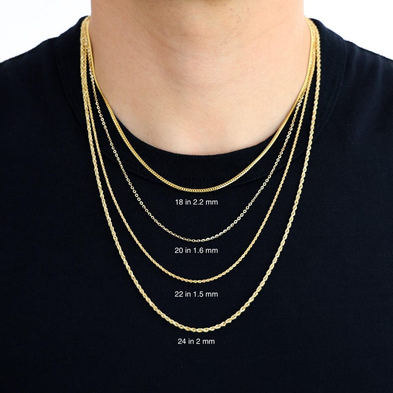 May include: Four gold rope chains of different lengths and thicknesses. The chains are 18 inches, 20 inches, 22 inches, and 24 inches long. The chain thicknesses are 2.2 mm, 1.6 mm, 1.5 mm, and 2 mm.
