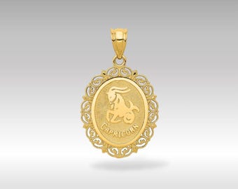 14K Gold Capricorn Zodiac Pendant Necklace: Filigree Horoscope Charm