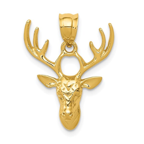 14k Gold Deer Head Necklace Pendant - Polished Golden Stag Charm, Majestic Wildlife Jewelry, Ideal for Hunters and Nature Lovers