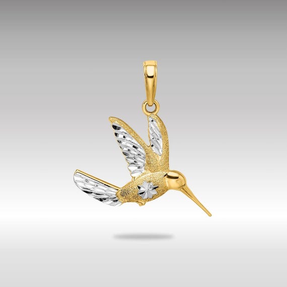 14K Yellow White Gold Diamond-cut Hummingbird Pendant – Detailed - Main Image