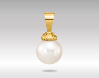 14K Gold Pearl Pendant – 8-9mm White Round Freshwater Cultured Pearl Charm – Classic June Birthstone Jewelry Gift for Women