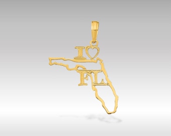 14K Gold 'I Love Florida' State Pendant Necklace - Handcrafted Sunshine State Charm - Elegant Florida Pride Necklace Accessory