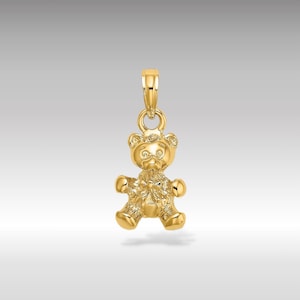 14K Gold 3D Teddy Bear with Bow Tie Pendant Charm - Real Gold Cuddly Necklace Charm - Real Gold Bear Pendant
