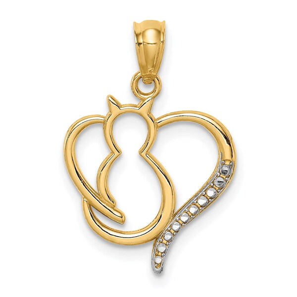 14K Yellow Gold & White Rhodium Cat in Heart Necklace Pendant - Sparkling Cat Lover Jewelry - Unique Gift for Pet Owners