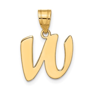 Puede incluir: Un colgante dorado con la forma de la letra "W" en cursiva. El colgante tiene un acabado pulido y un pequeño lazo en la parte superior para una cadena. El colgante es probablemente de oro y está diseñado para ser usado como joya.