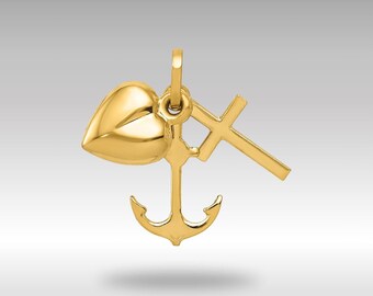 14K Gold Heart, Cross & Anchor Charm Pendant: Faith, Hope, Love