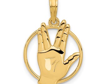 14k Polished Hand Gesture in Circle Pendant – Live Long and Prosper Vulcan Sign Pendant – Star Trek Inspired Gold Charm