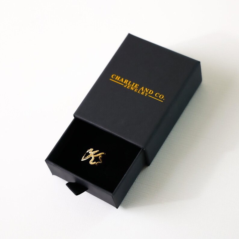 K&ouml;nnte beinhalten: Ein goldener Ring mit einem einzigartigen Design wird in einer schwarzen Schachtel mit dem in Gold gedruckten Text "Charlie and Co. Jewelry" pr&auml;sentiert.