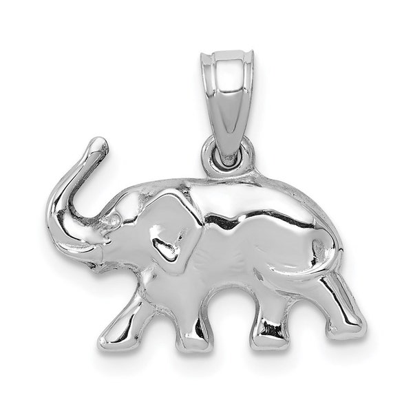 14k White Gold Elephant Necklace Pendant - 3D Polished Elephant Charm - Exotic Wildlife Jewelry - Perfect for Animal Lovers