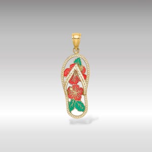 14K Gold Enamel Red Hibiscus Flower Flip-Flop Pendant - Real Gold Tropical Necklace Charm - Real Gold Flip-Flop Pendant