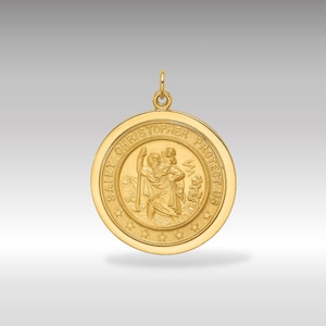 14K Gold Large Round Disc St. Christopher Medal Pendant Necklace - Solid, Polished and Satin Finish, Traveler&#39;s Protection Charm