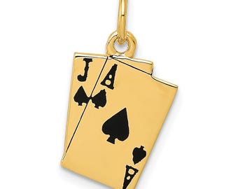 14K Gold Enameled Blackjack Playing Cards Charm - Solid Gold Ace and Jack Pendant - Real Gold Casino Card Game Jewelry Gift