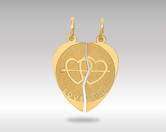 14 kt gouden I Love You-hanger – afbreekbare hartbedelset – 2-delige koppelhanger van massief 14 kt geelgoud