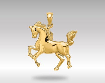 14K Gold Horse Charm – Extra Large Polished Equestrian Pendant – Solid Gold Running Horse Jewelry – Fine 14K Horse Lover Gift