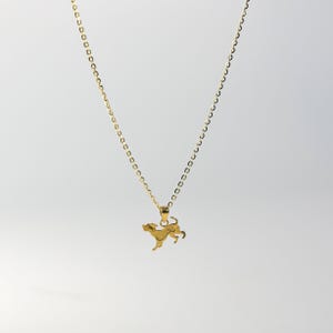 Könnte beinhalten: Eine goldene Kettenkette mit einem kleinen goldenen Anhänger in Form eines Hundes.