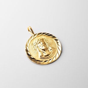14k Gold Jesus's Head Medal Pendant Charm- Real Gold Round Plate Jesus Necklace Charm