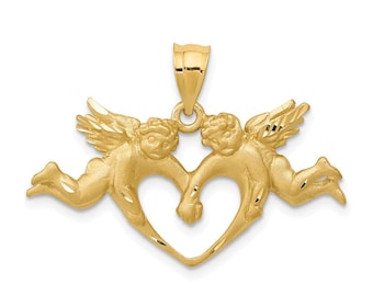 Collar con colgante de corazón de ángel en oro de 14 quilates, acabado satinado, dije de ángel de oro auténtico, colgante de ángel de la guarda.