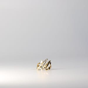 May include: A gold ring with a stylised design, featuring a textured finish.