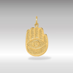 14K Gold Polished Hamsa Hand Pendant Necklace - Protective Amulet Charm with Detailed Design - Spiritual Jewelry for Peace and Prosperity